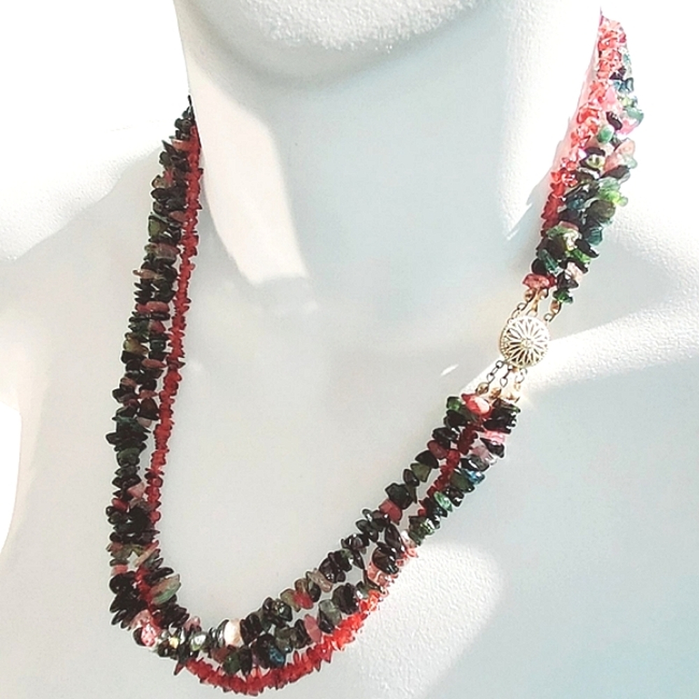 14K Tourmaline And Malachite 3 Strand Necklace Vintage Tribal